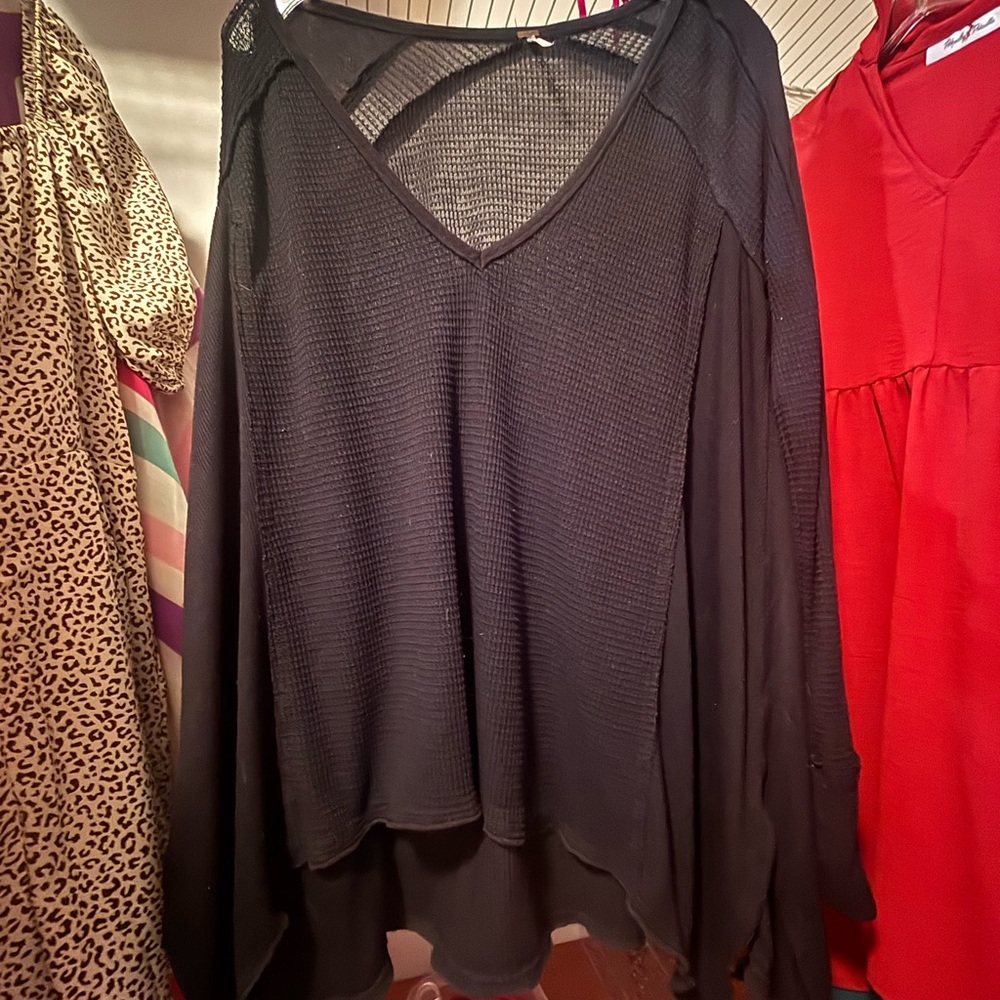 Free People Black Asymmetrical Blouse Relaxed Fit